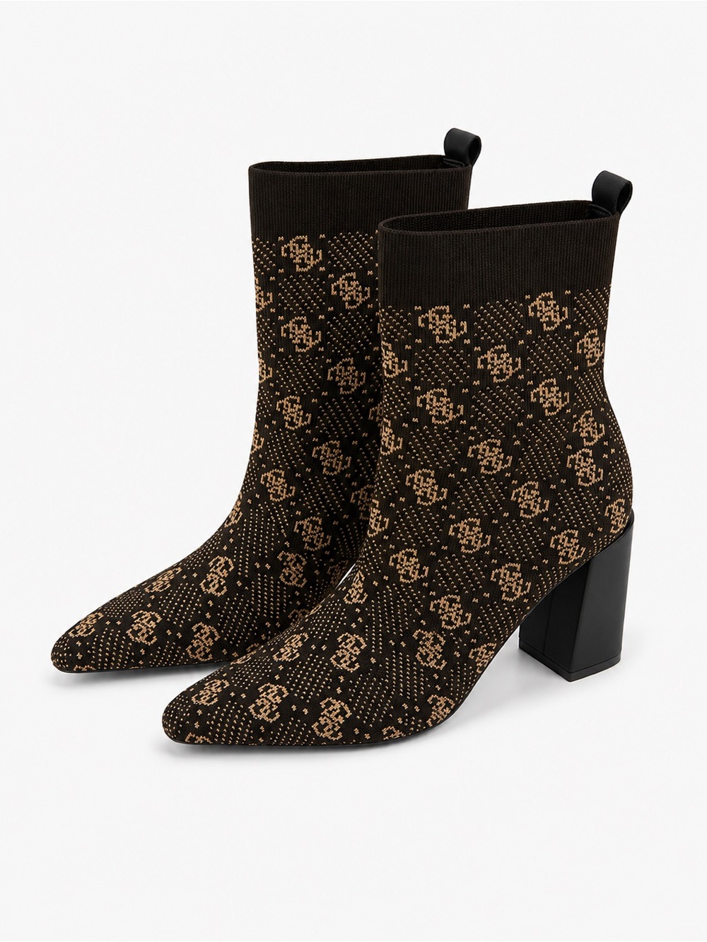 232. Guess Black and Brown Monogram Knit Sock Booties